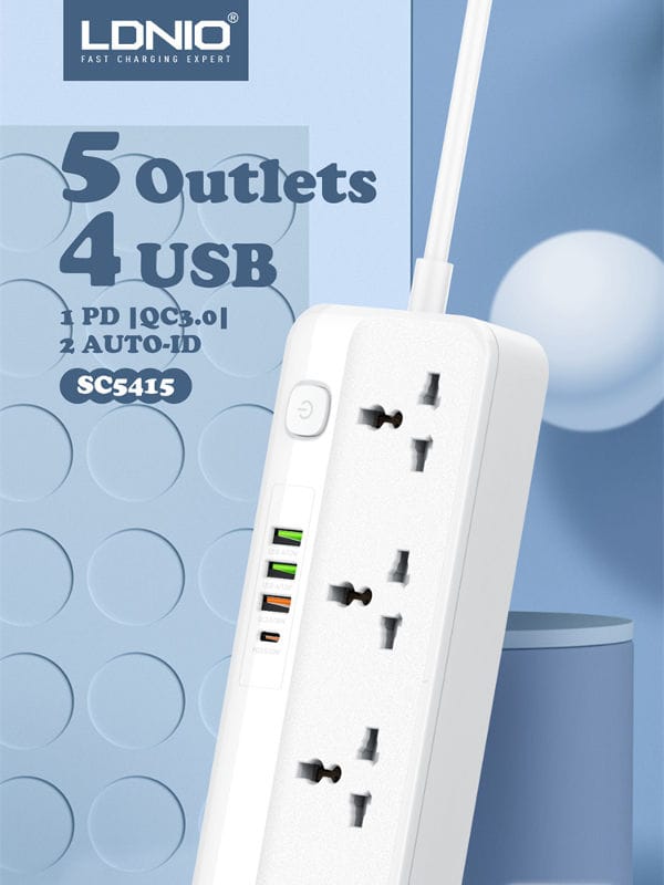 LDNIO SC5415 Multi Function Power Strip 5 Power Sockets +1PD 20W+1QC 18W+2 AUTO-ID