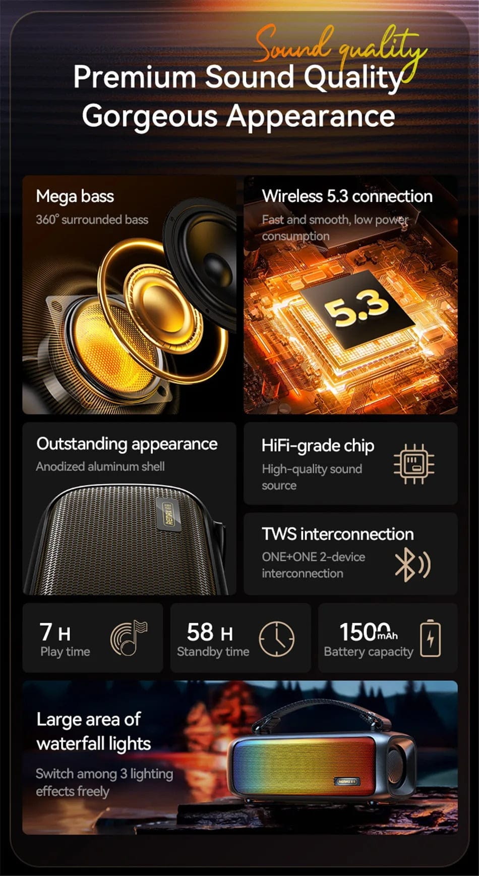 Remax Rb-M67 Portable Super Bass Wireless Speaker With Rgb Lights