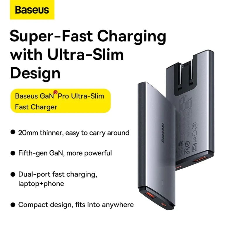 Baseus GaN5 Pro Ultra-Slim 65W Type-C+USB Fast Charger