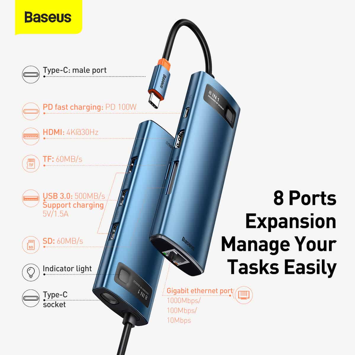 Baseus Metal Gleam Series 8-in-1 Multifunctional Type-C HUB