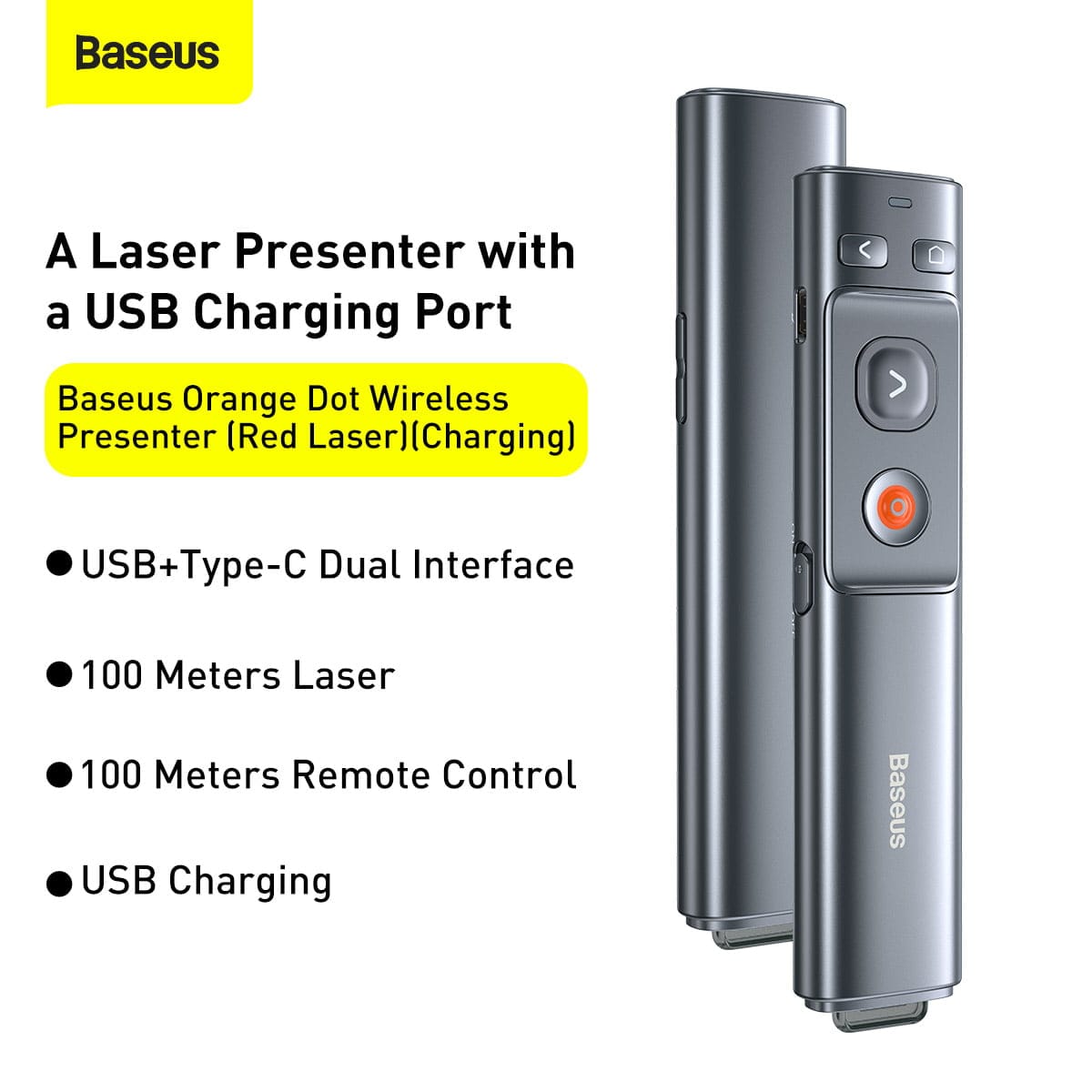 Baseus Orange Dot Wireless Presenter Red Laser(Charging) Grey