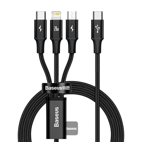 Baseus Rapid Series 3-in-1 Fast Charging Data Cable Type-C to M+L+C PD 20W 1.5M – Black