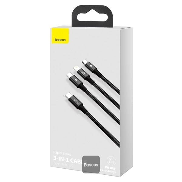 Baseus Rapid Series 3-in-1 Fast Charging Data Cable Type-C to M+L+C PD 20W 1.5M – Black
