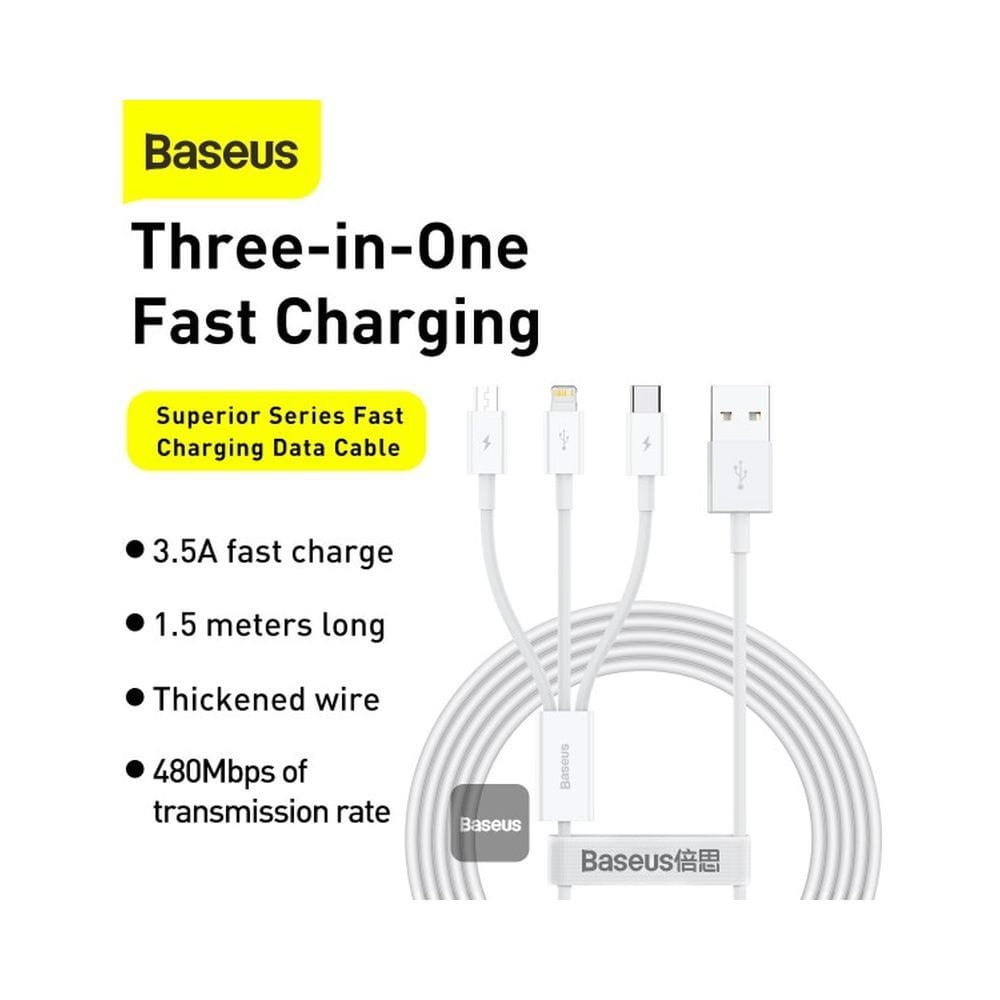 Baseus Superior Series Fast Charging Data Cable USB to M+L+C 3.5A 1.5m White
