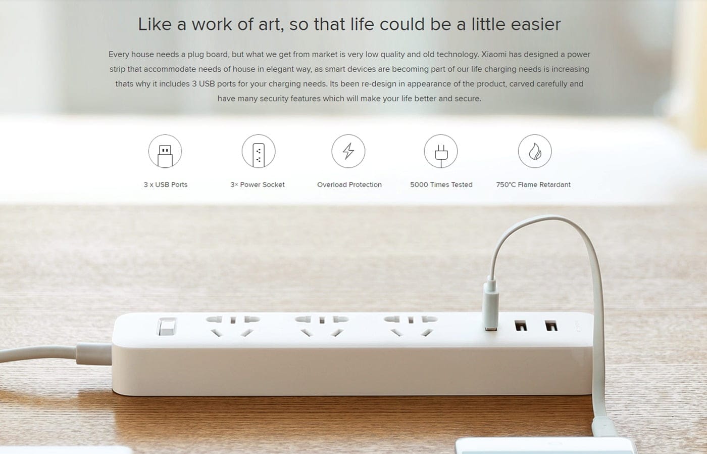 Mi Power Strip 3 USB 3 Sockets