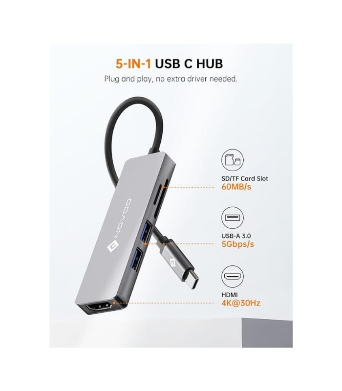 NOVOO USB C Hub 5 in 1 Aluminum with HDMI 4K Adapter