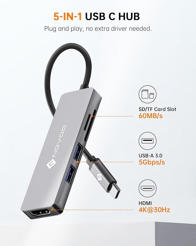 NOVOO USB C Hub 5 in 1 Aluminum with HDMI 4K Adapter