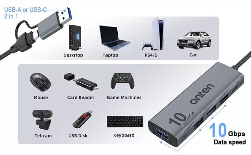Onten OTN-UCA611 10Gbps USB C Hub,USB C to USB C A Adapter