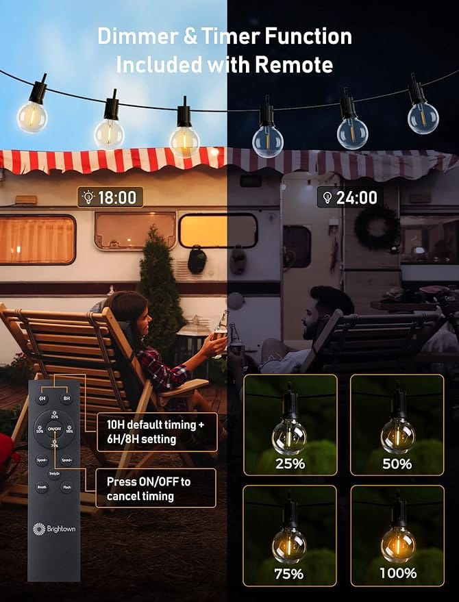 Brightown 58FT Solar String Lights Outdoor with Remote Cable Ties and Hooks Without remote