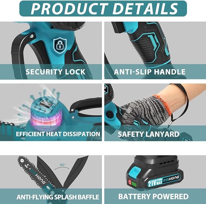 Deihong Mini Chainsaw 6-Inch with Battery, Cordless Power Chain Saws with Security Lock