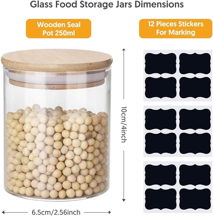 Glass Jars 9OZ, 12 Set with Bamboo Airtight Lids and Labels, Food Cereal Storage Large