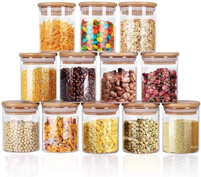 Glass Jars 9OZ, 12 Set with Bamboo Airtight Lids and Labels, Food Cereal Storage Large