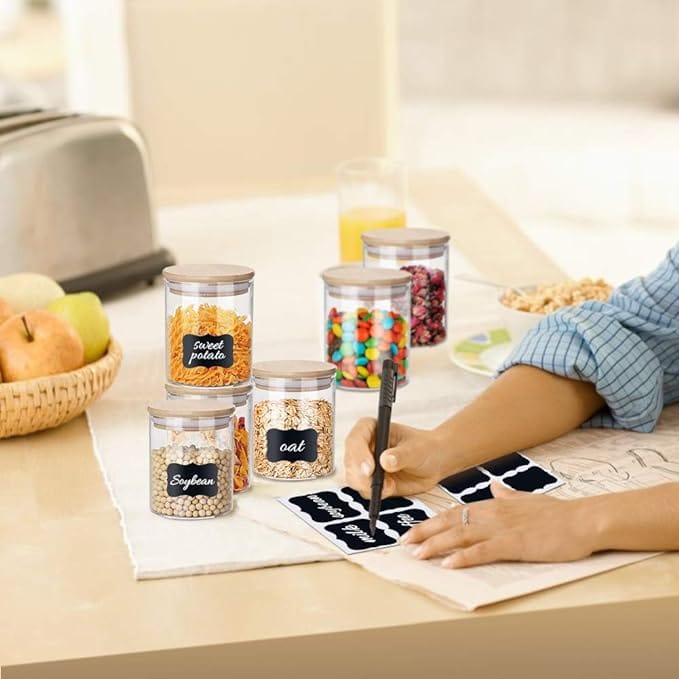 Glass Jars 9OZ, 12 Set with Bamboo Airtight Lids and Labels, Food Cereal Storage Large