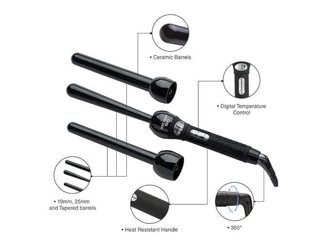 Jose Eber 3-in-1 Digital Clipless Curling Iron, Trio, Adjustable Temperature, Multiple Barrels