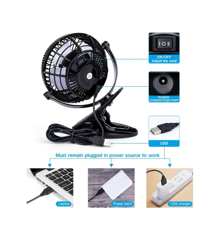 KEYNICE USB Desk Fan, 4 Inch Clip on Fan, 2 Speed USB Fan, 360° Rotation Small Corded Fan for Dorm