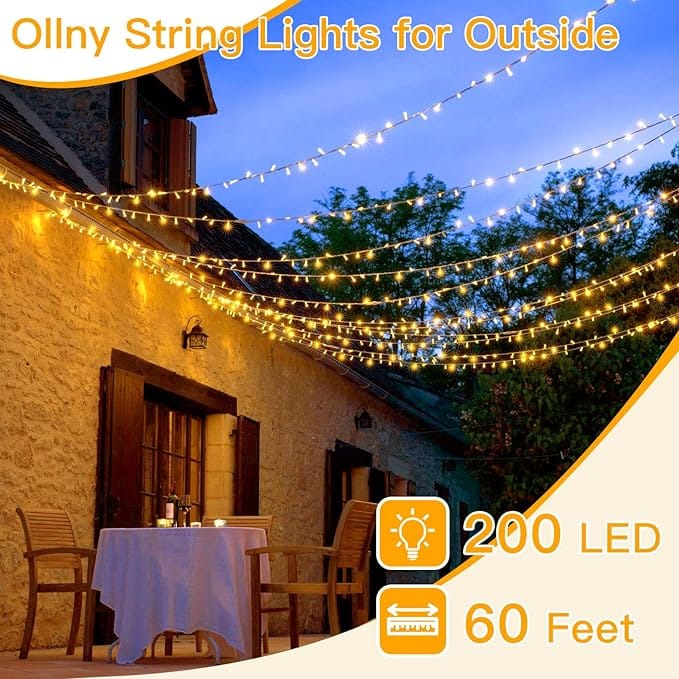 Ollny Outdoor String Lights 200LED 60FT, Warm White Connectable Plug in Fairy Light