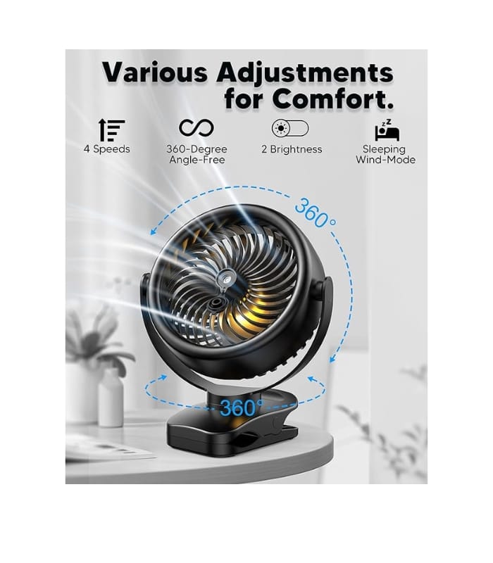 POWERbeast Clip On Fan, 4000mAh Portable Pram Fan, 7” USB Desk Fan, 4 Speeds 2 Mist Modes