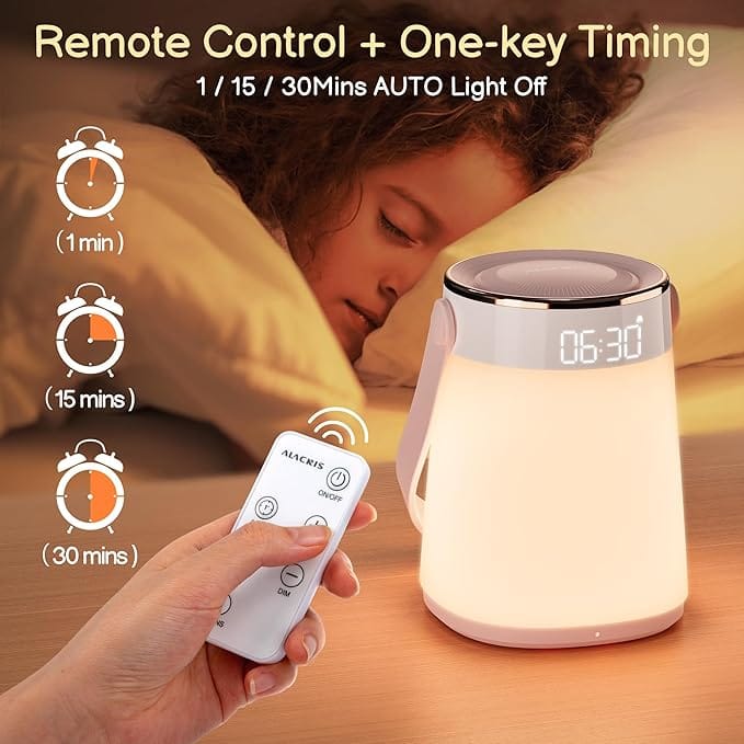 ALACRIS Night Light Dimmable, Bedside Lamp Portable with Romote Control and Alarm Clock