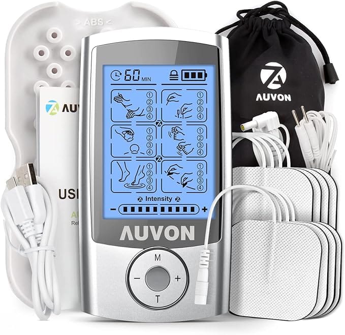 AUVON Rechargeable TENS Unit Muscle Stimulator, 24 Modes 4th Gen TENS Machine with 8pcs 2″x2