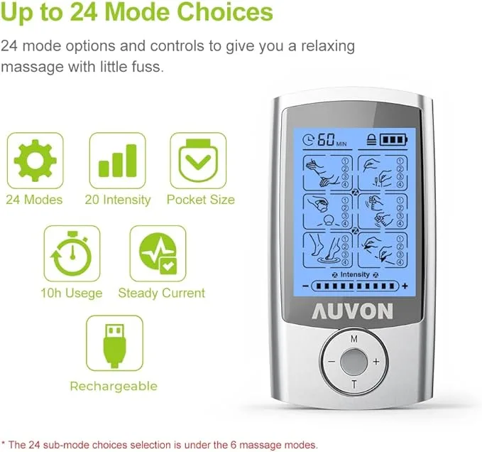 AUVON Rechargeable TENS Unit Muscle Stimulator, 24 Modes 4th Gen TENS Machine with 8pcs 2″x2