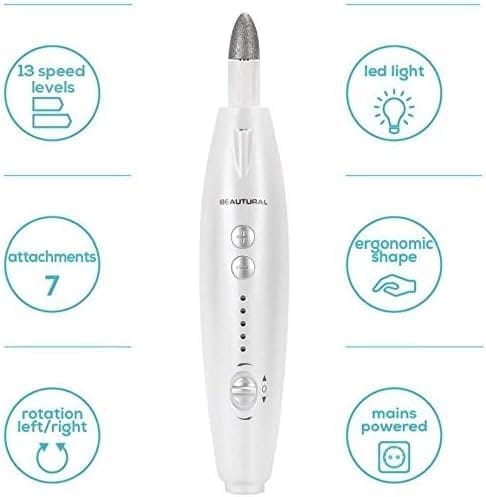 BEAUTURAL Professional Electric Manicure and Pedicure Kit, Nail File Drill, Powerful 13-Speed Nail Drill and 7 Attachment