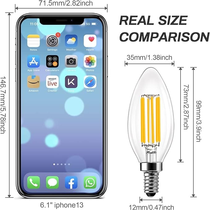 BRIMAX C35 LED Bulbs, 6W Candelabra Led Bulbs Dimmable, E12 Base, 2700K Warm Whit Glow