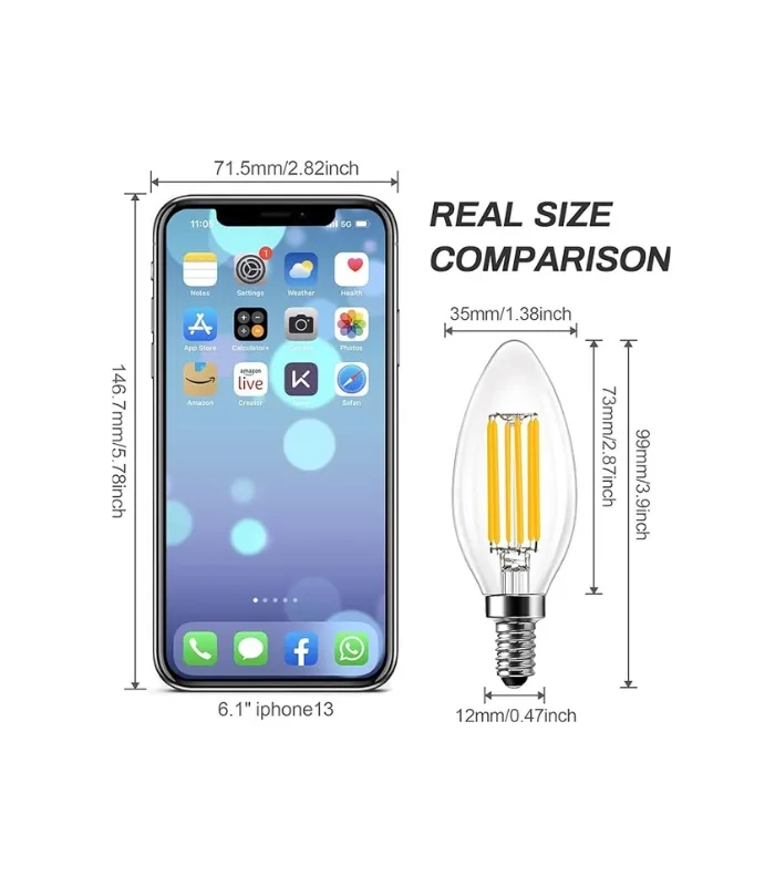 BRIMAX C35 LED Bulbs, 6W Candelabra Led Bulbs Dimmable, E12 Base, 2700K Warm Whit Glow