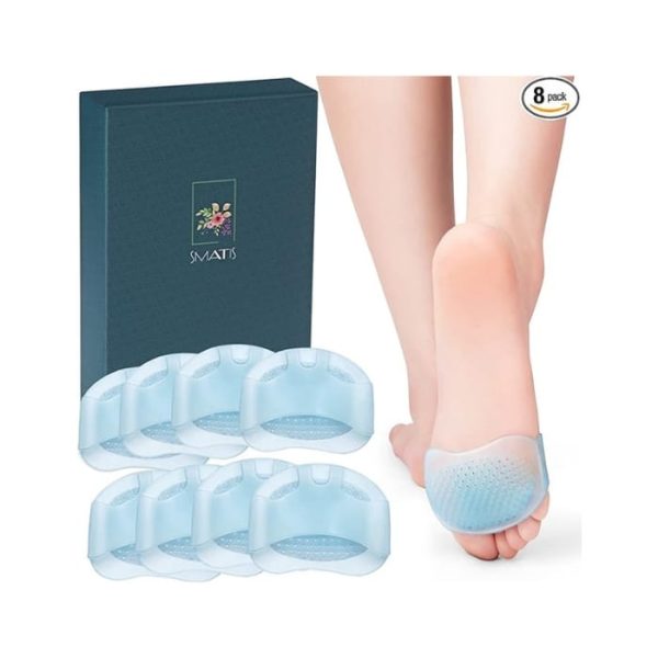 1.SAFETY -- These metatarsal pads are made from medical Grade Silicone Gel, our gel pads do not absorb odor and dirt 2.COMFY - Ball of foot cushions are very soft, gel pads have plenty of air holes for additional ventilation, which help reduce feet swelling, pain and discomfort during the standing long hours 3.RELIEVE PAIN -- These ball pads providing a mild massage during any movements thus improving the comfort level and helping relieve pain, and all the fatigue and stresses 4.REUSABLE -- When wearing ball pads was like walking on a cloud, and is easily cleaned with warm water and soap
