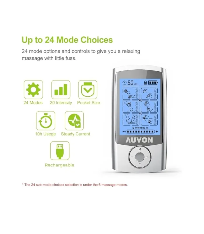 AUVON Rechargeable TENS Unit Muscle Stimulator, 24 Modes 4th Gen TENS Machine with 8pcs 2"x2