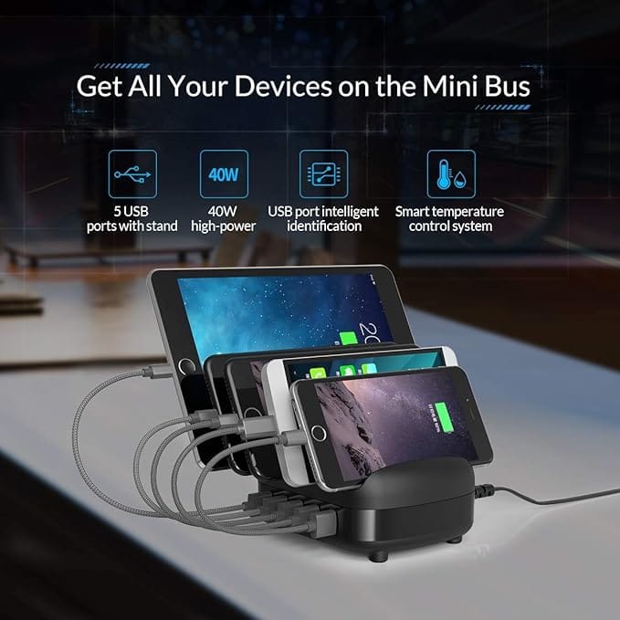 Charging Station, 40W 5-Port Fast USB Charger with Organizer Stand for Multi Devices