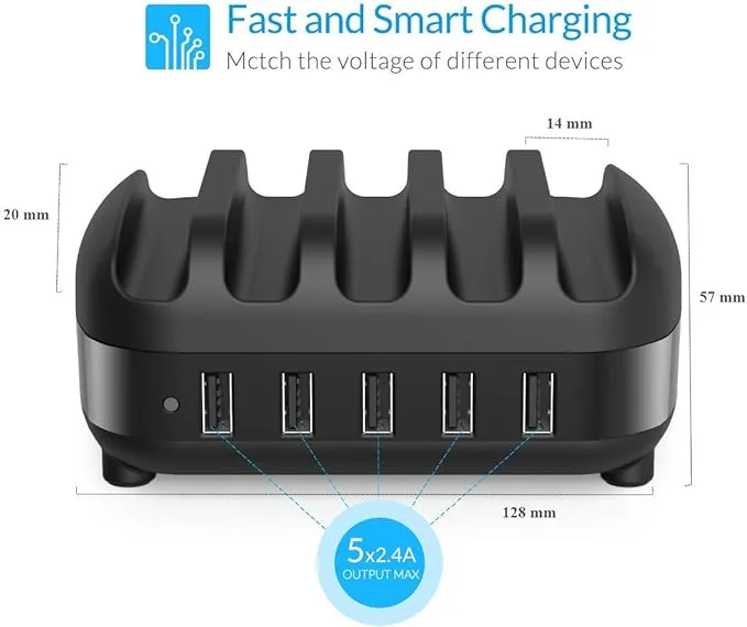 Charging Station, 40W 5-Port Fast USB Charger with Organizer Stand for Multi Devices