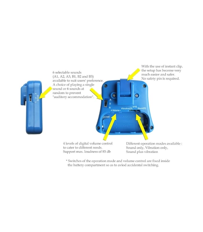 DryEasy Bedwetting Alarm with volume control, 6 selectable sounds and vibration