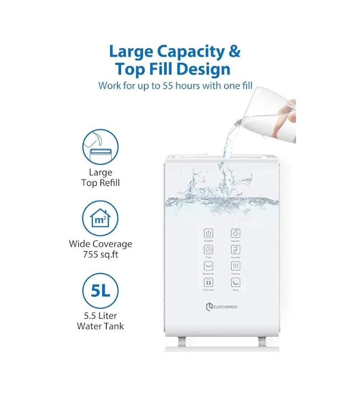 Elechomes Humidifier for Large Room Bedroom Plants, SH8820 Warm and Cool Mist Humidifiers, 5.5L Elechomes Humidifier for Large Room Bedroom Plants, SH8820 Warm and Cool Mist Humidifiers, 5.5L