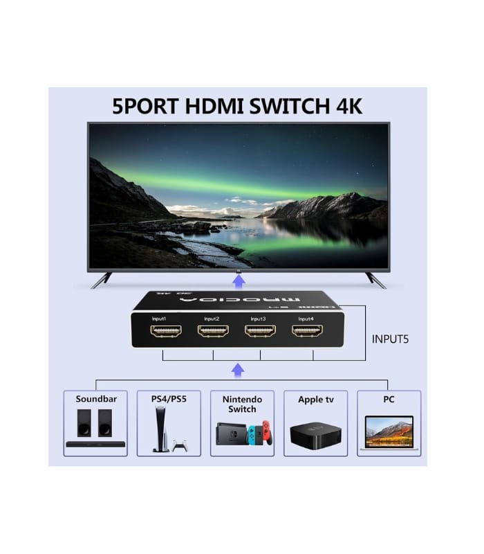 MROCIDA HDMI Switch 4K 30hz hdmi 1.4 5 in 1 Out HDMI Switcher 5 Port with IR Remote Control HDMI Splitter Support