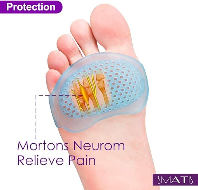 1.SAFETY -- These metatarsal pads are made from medical Grade Silicone Gel, our gel pads do not absorb odor and dirt 2.COMFY - Ball of foot cushions are very soft, gel pads have plenty of air holes for additional ventilation, which help reduce feet swelling, pain and discomfort during the standing long hours 3.RELIEVE PAIN -- These ball pads providing a mild massage during any movements thus improving the comfort level and helping relieve pain, and all the fatigue and stresses 4.REUSABLE -- When wearing ball pads was like walking on a cloud, and is easily cleaned with warm water and soap
