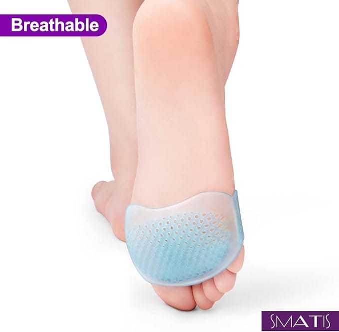 1.SAFETY -- These metatarsal pads are made from medical Grade Silicone Gel, our gel pads do not absorb odor and dirt 2.COMFY - Ball of foot cushions are very soft, gel pads have plenty of air holes for additional ventilation, which help reduce feet swelling, pain and discomfort during the standing long hours 3.RELIEVE PAIN -- These ball pads providing a mild massage during any movements thus improving the comfort level and helping relieve pain, and all the fatigue and stresses 4.REUSABLE -- When wearing ball pads was like walking on a cloud, and is easily cleaned with warm water and soap