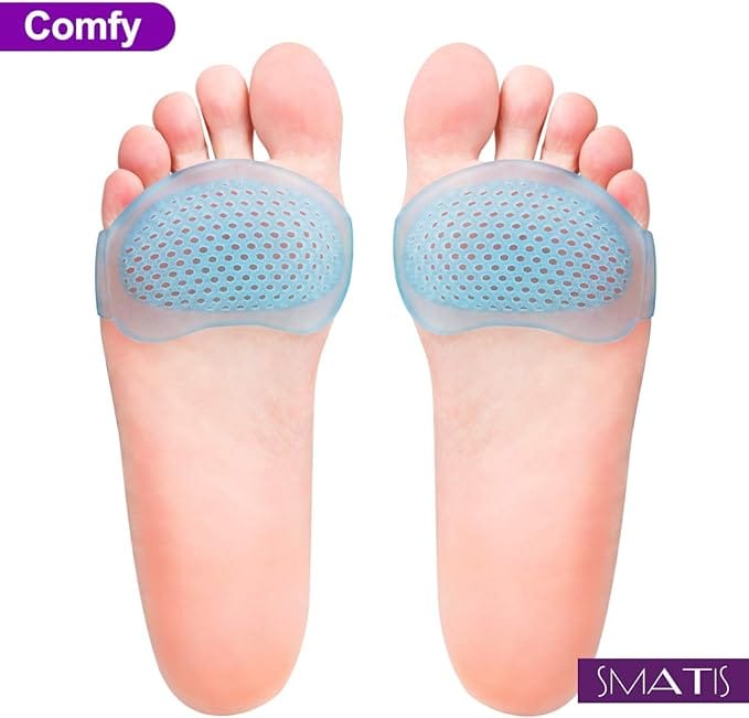 1.SAFETY -- These metatarsal pads are made from medical Grade Silicone Gel, our gel pads do not absorb odor and dirt 2.COMFY - Ball of foot cushions are very soft, gel pads have plenty of air holes for additional ventilation, which help reduce feet swelling, pain and discomfort during the standing long hours 3.RELIEVE PAIN -- These ball pads providing a mild massage during any movements thus improving the comfort level and helping relieve pain, and all the fatigue and stresses 4.REUSABLE -- When wearing ball pads was like walking on a cloud, and is easily cleaned with warm water and soap