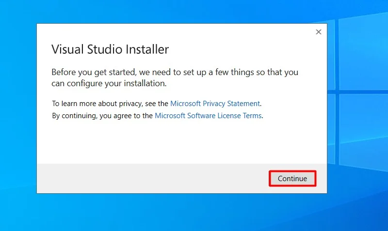 Step 2: Click “Continue” to install Visual Studio Enterprise 2019 software on the device