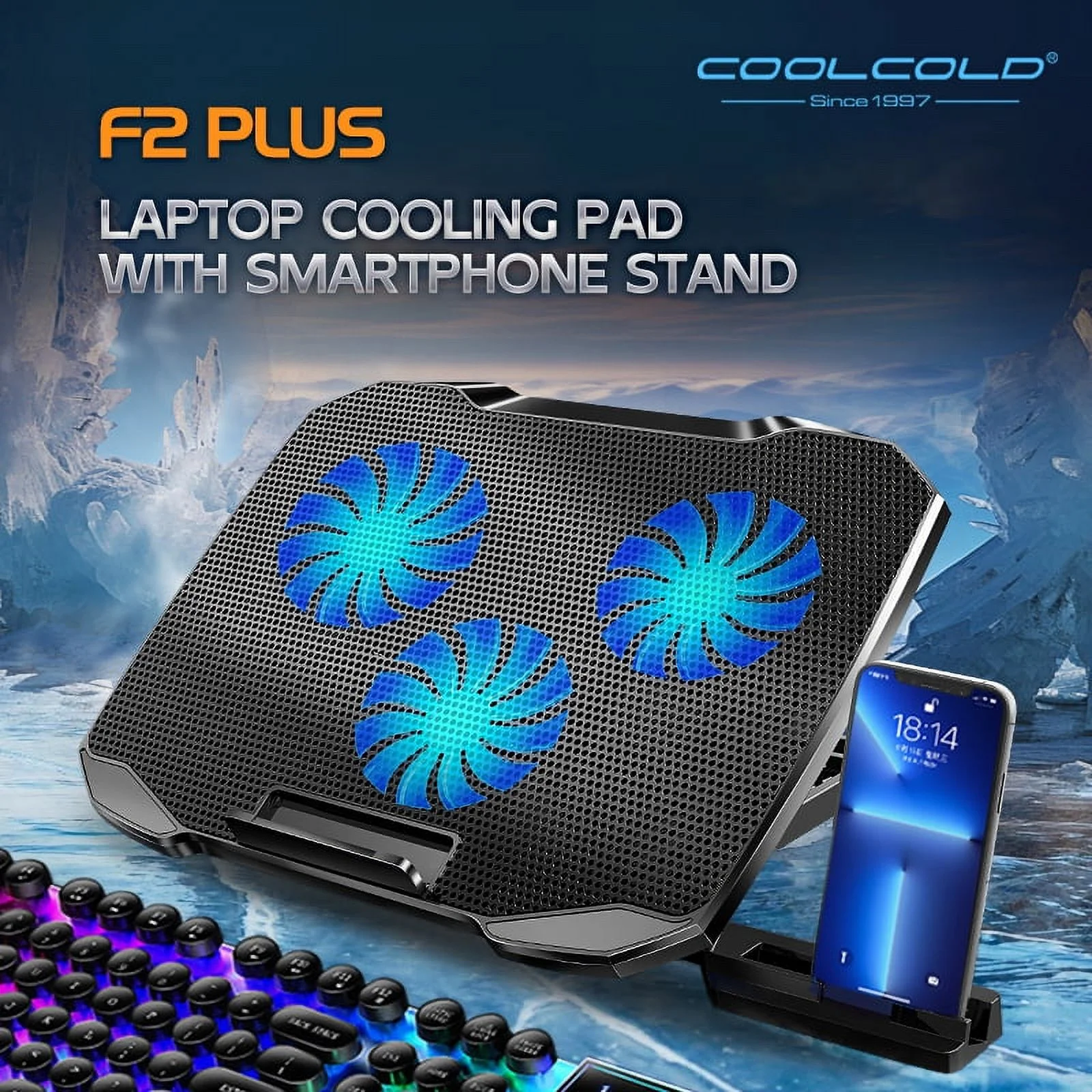 F2 Plus CoolCold Gaming Cooler 3 Big Fans Cooling Pad-