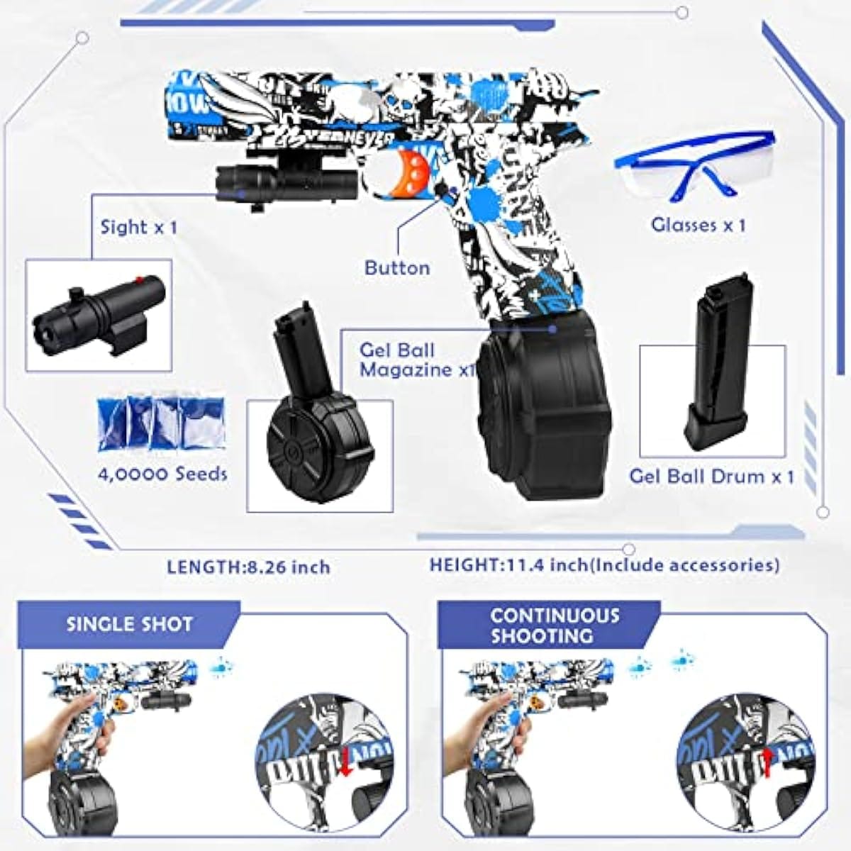 Gel Splatter Blaster Pistol for Orbeez with Drum and Sight