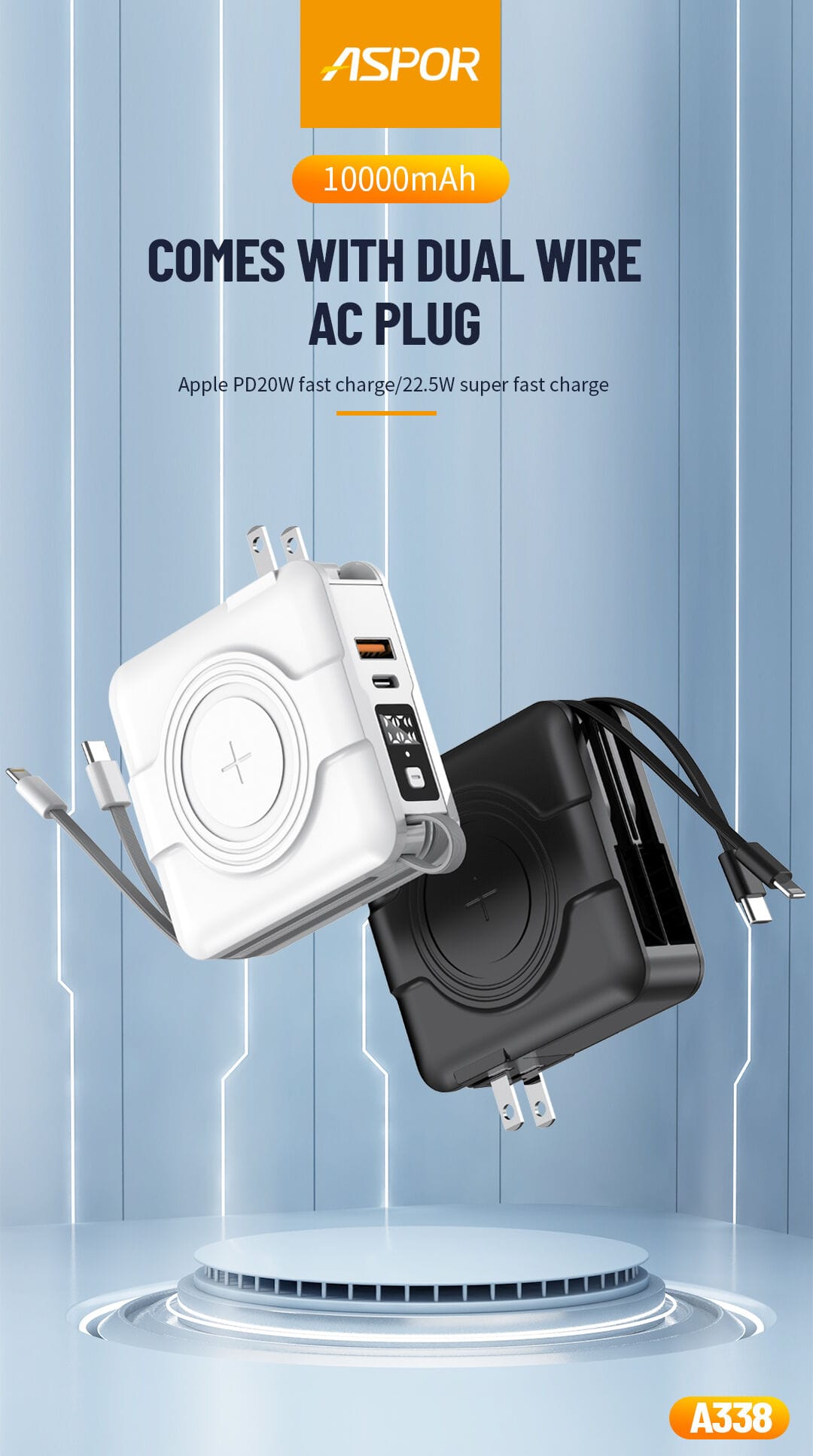 ASPOR A338 Hot Sale Multi Functional 22.5W USB-C Super Fast Charging 15W Wireless Charging Power Bank