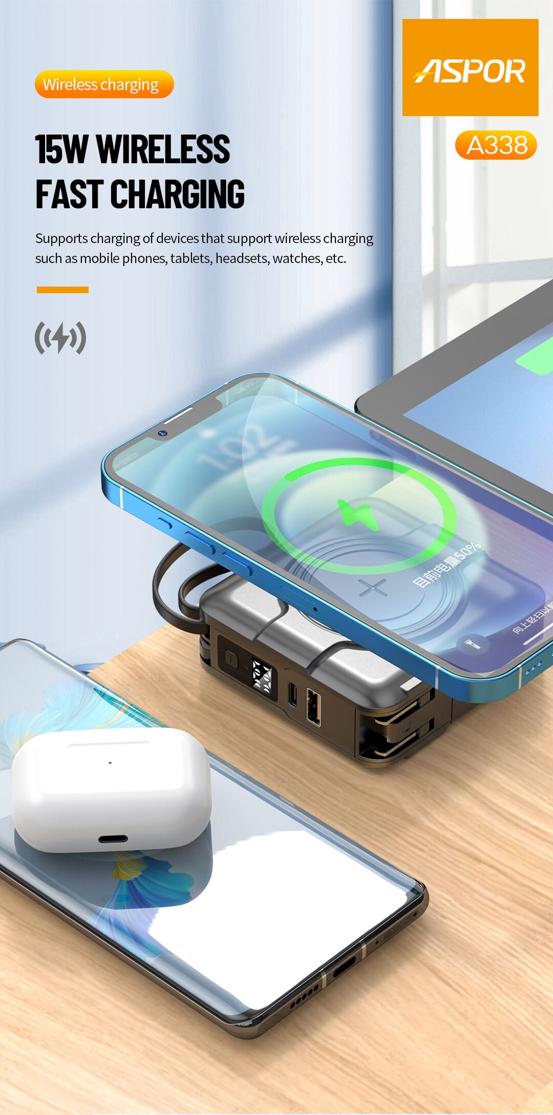 ASPOR A338 Hot Sale Multi Functional 22.5W USB-C Super Fast Charging 15W Wireless Charging Power Bank
