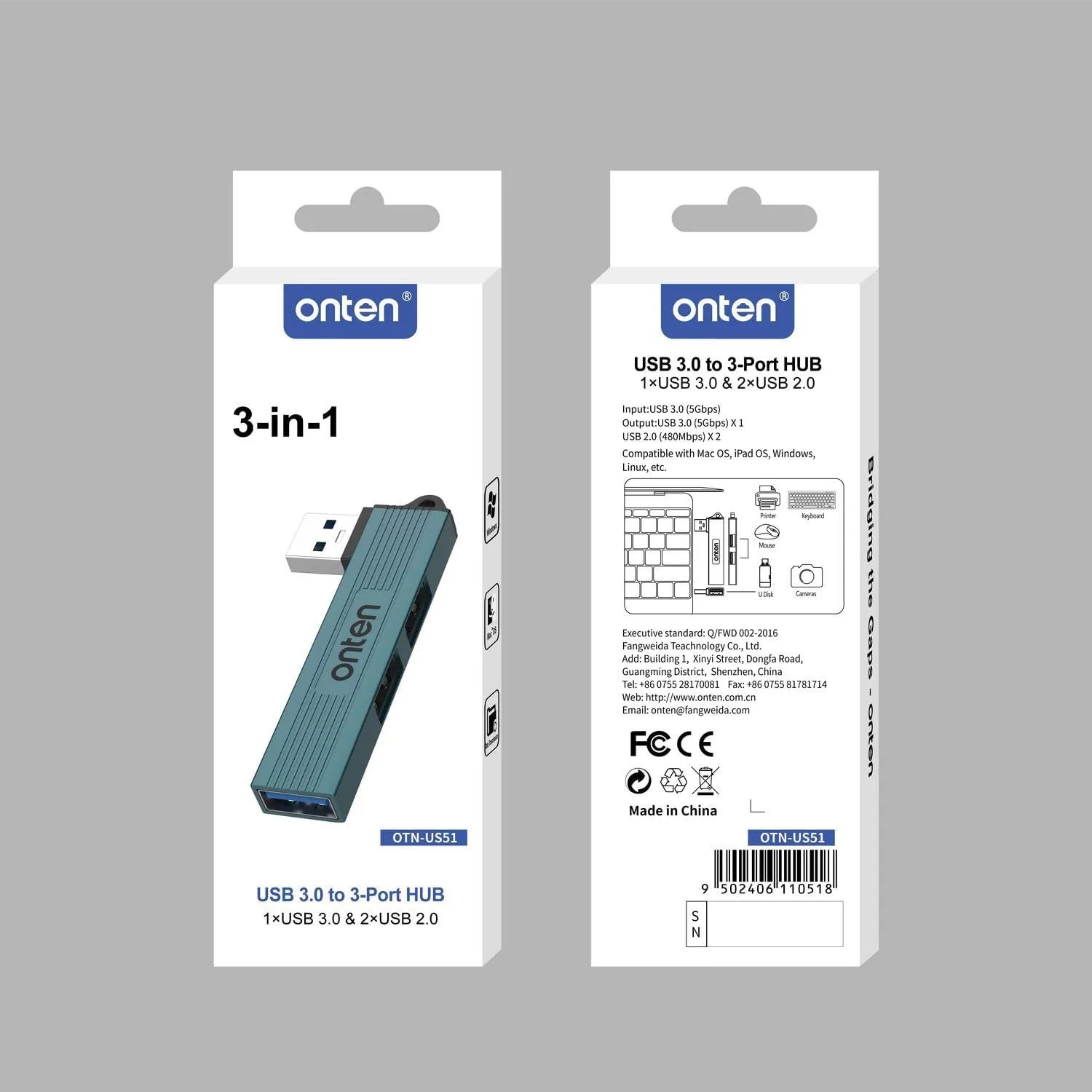 Onten 3 in 1 USB HUB to 3 Port Hub US51