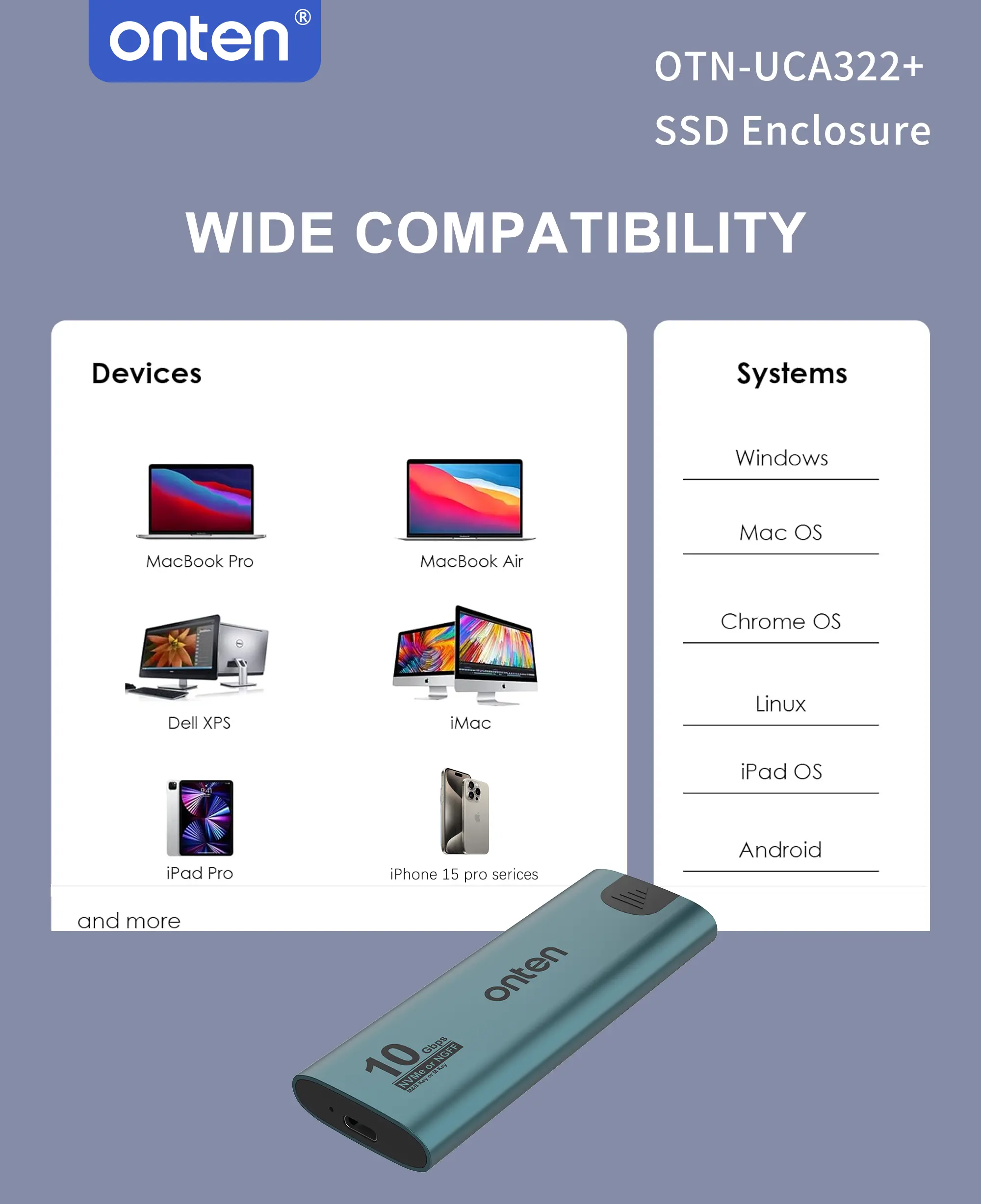 Onten UCA322+ 10Gbps M.2 M-key NVMe NGFF SSD Enclosure